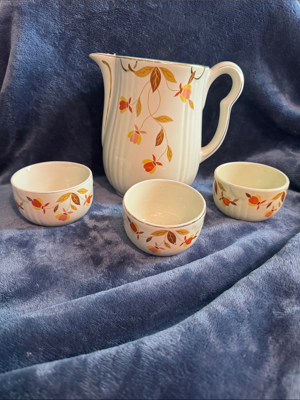 Vintage Hall’s Superior Floral Pitcher and 3 Bowls - Autumn Leaf Pattern